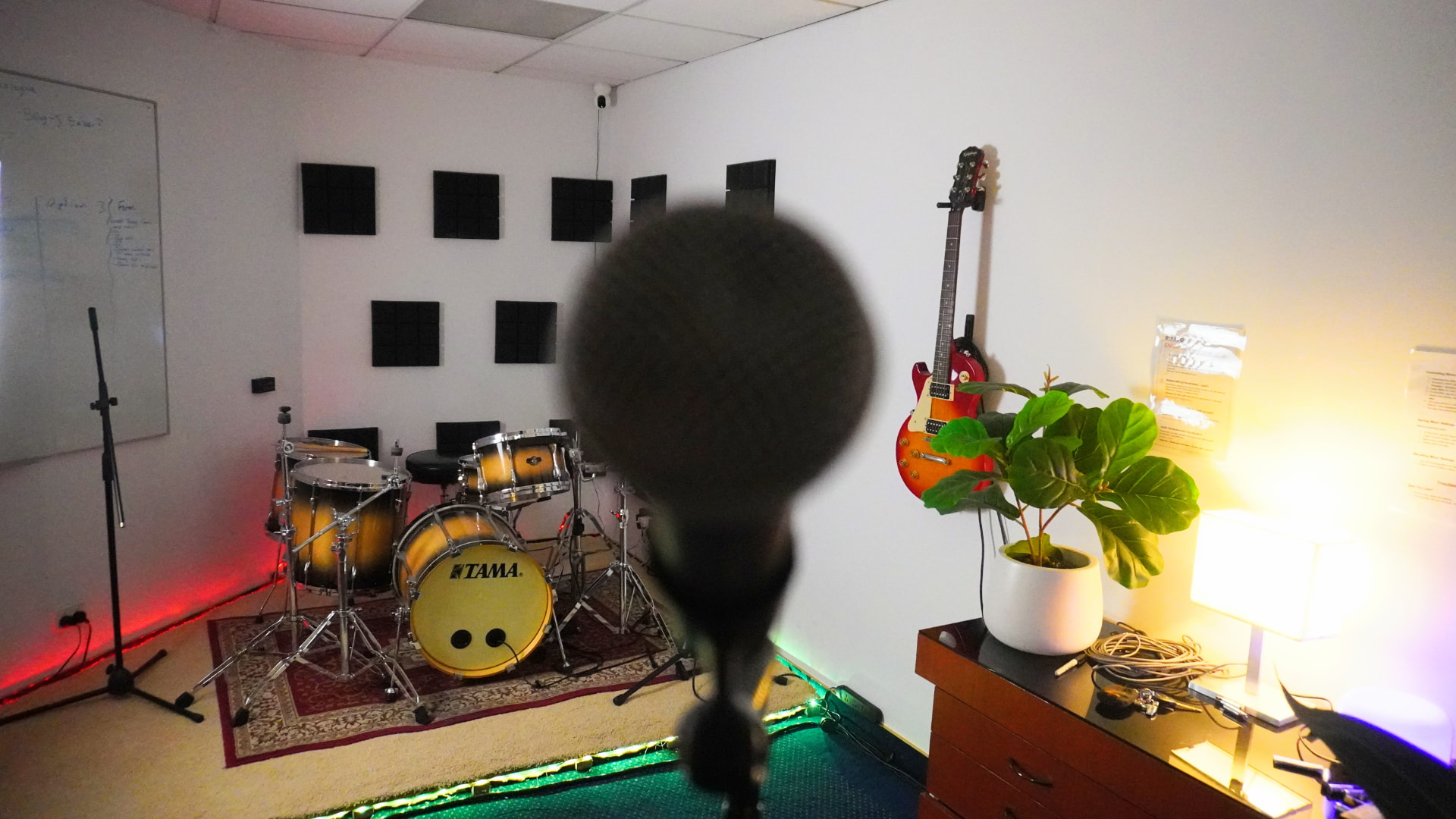 The TAMA backline drum kit set up in the room